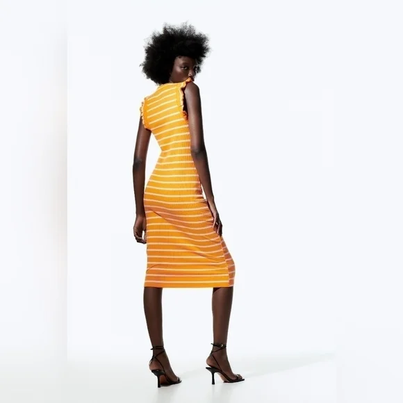 Zara Striped Ruffle Ribbed Dress Size Large - Picture 5 of 11